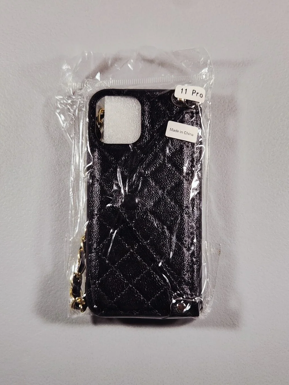 Black Quilted Leather iPhone 11 Pro Case Crossbody Wallet Chain Envelope Card